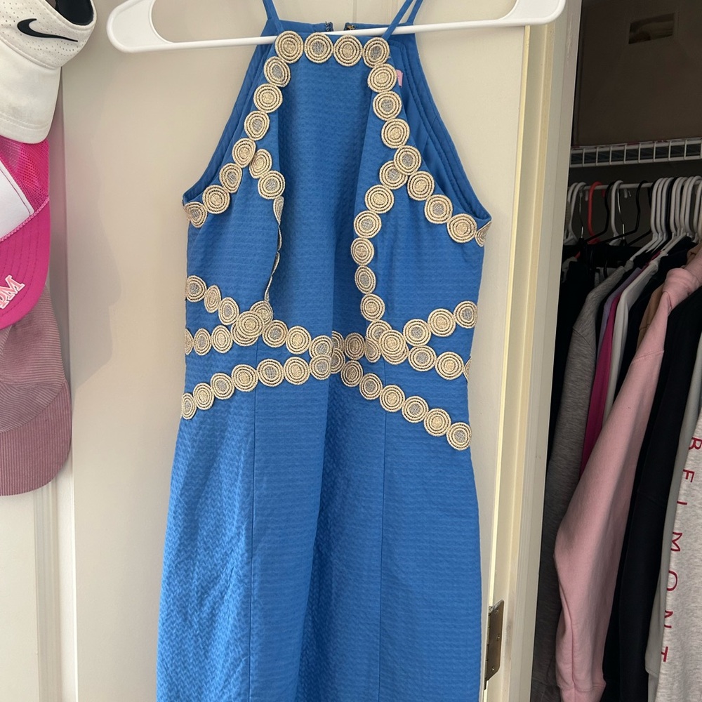 Blue Halter Dress with Gold Accents